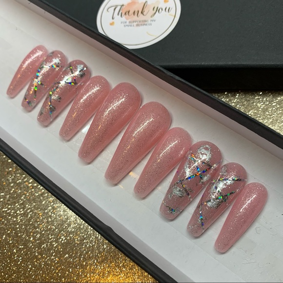 Bandage Inspired XL Sculpted Coffin Pink Holographic Shimmer Custom Press Ons - Picture 3 of 5